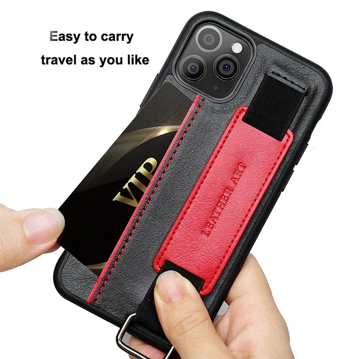 PU leather iPhone case with card holder, wristband, and detachable lanyard.
