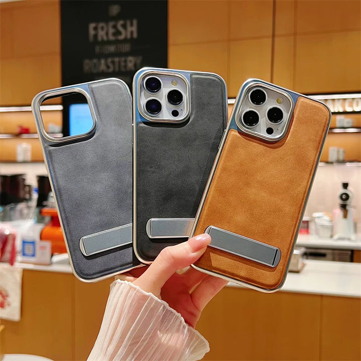 Luxury Plating Leather Metal Holder Case for iPhone 11/12/13/14/15 Pro Max Plus with Shockproof and Stylish Design