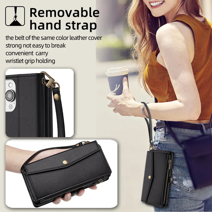 Wallet Flip Stand Leather Case with Crossbody Strap and Card Slots for iPhone 6-15 Pro Max