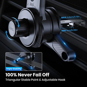 Car cup holder organizer with adjustable hook and stability features on a dark background