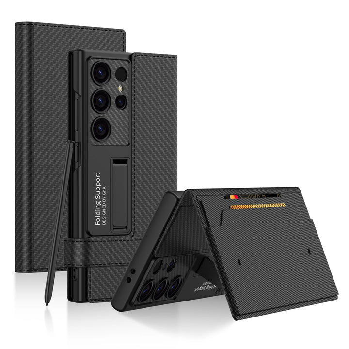 Leather Flip Wallet Phone Case with Card Holder and Kickstand for Samsung Galaxy S25 Ultra in Carbon Fibre Design
