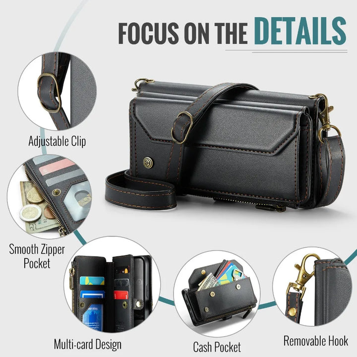 Leather Wallet Phone Case for iPhone 16 Pro Max – Zipper Card Holder with Detachable Magnetic Flip Cover and Strap