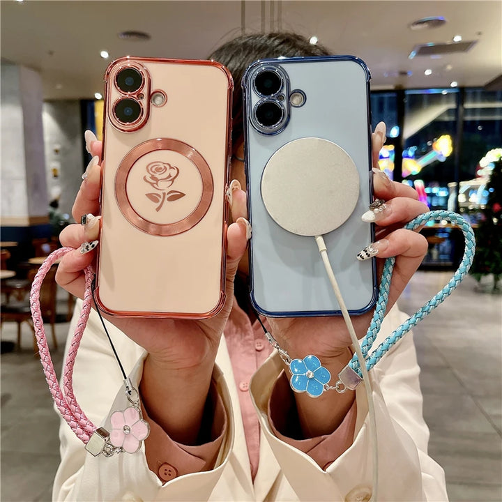 Luxury Magsafe Magnetic Plating Frame Phone Case with Lanyard for iPhone 16 and Samsung Galaxy