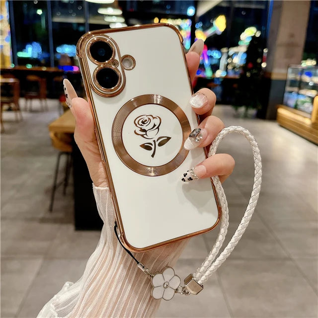 Luxury Magsafe Magnetic Plating Frame Phone Case with Lanyard for iPhone 16 and Samsung Galaxy
