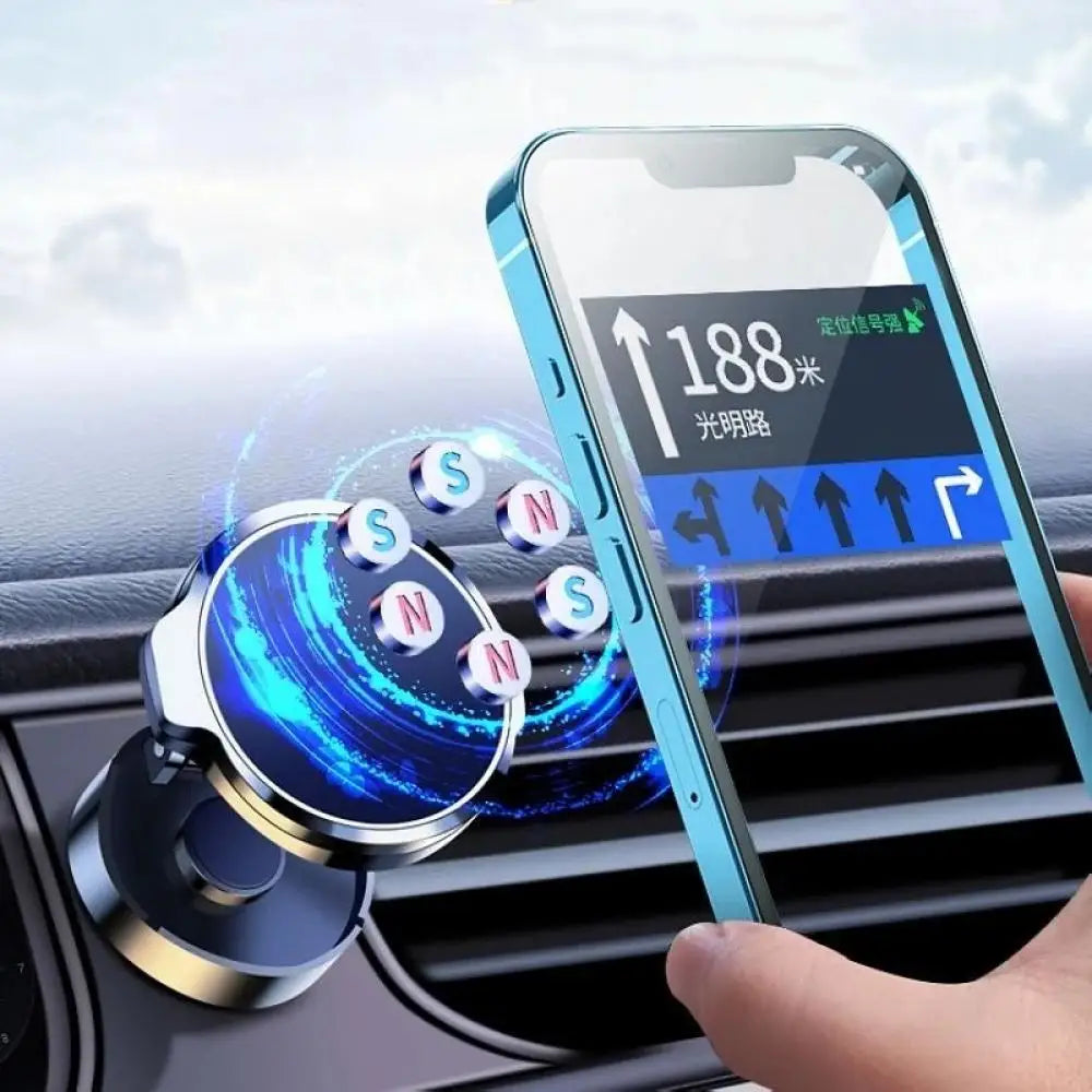 Phone holder with a phone displaying navigation app on a car dashboard