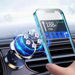 Phone holder with a phone displaying navigation app on a car dashboard