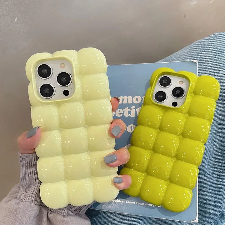 Cute 3D Block Lattice Case for iPhone 16 Pro Max, Glossy Candy Solid Color Shockproof Silicone Cover