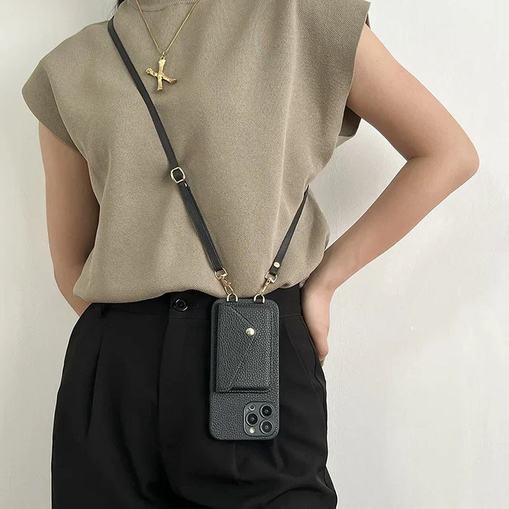 Crossbody leather phone case with wallet and card holder for iPhone 11-16 Pro Max, featuring an adjustable strap and plain design