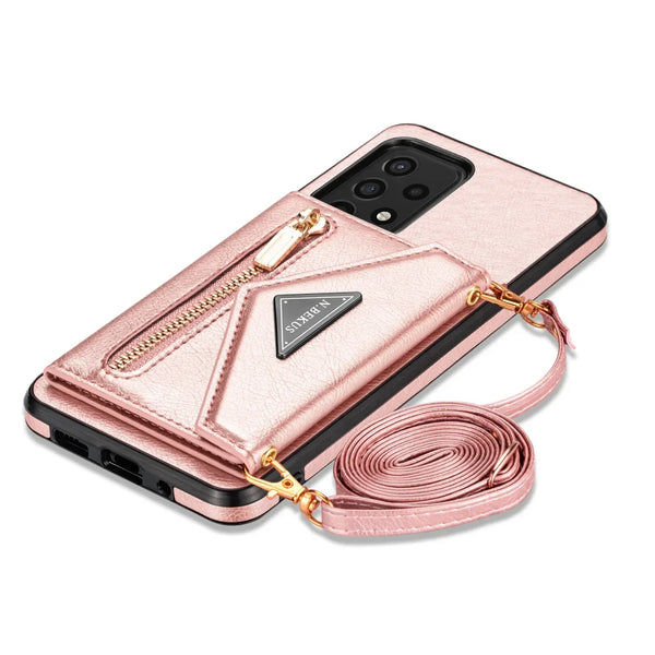 Leather crossbody wallet phone case for Samsung Galaxy with lanyard and card holder pocket.