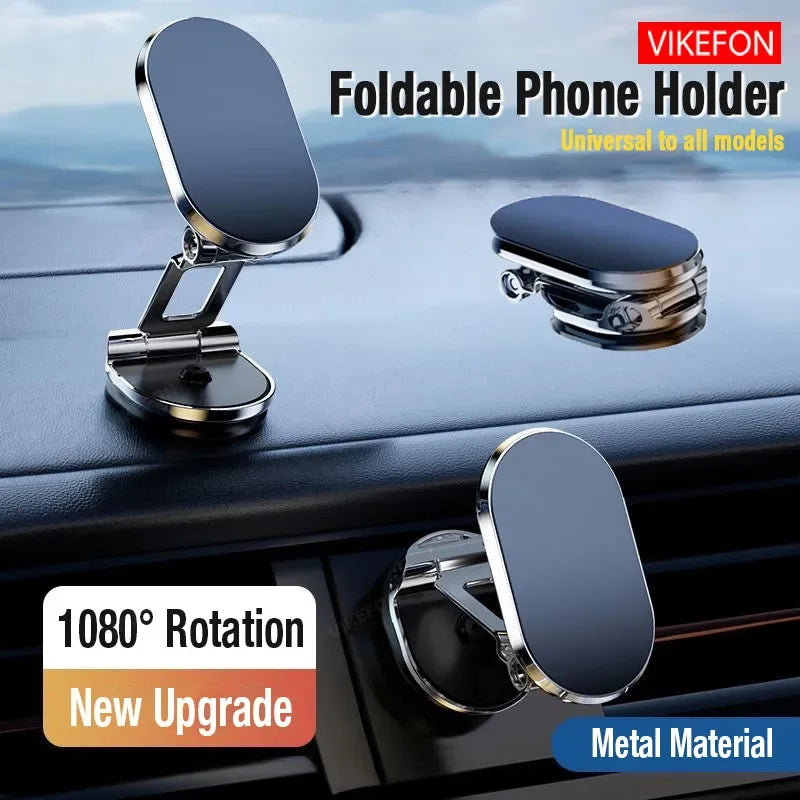 Foldable phone holder with metal material on a car dashboard, featuring Vikefon branding.