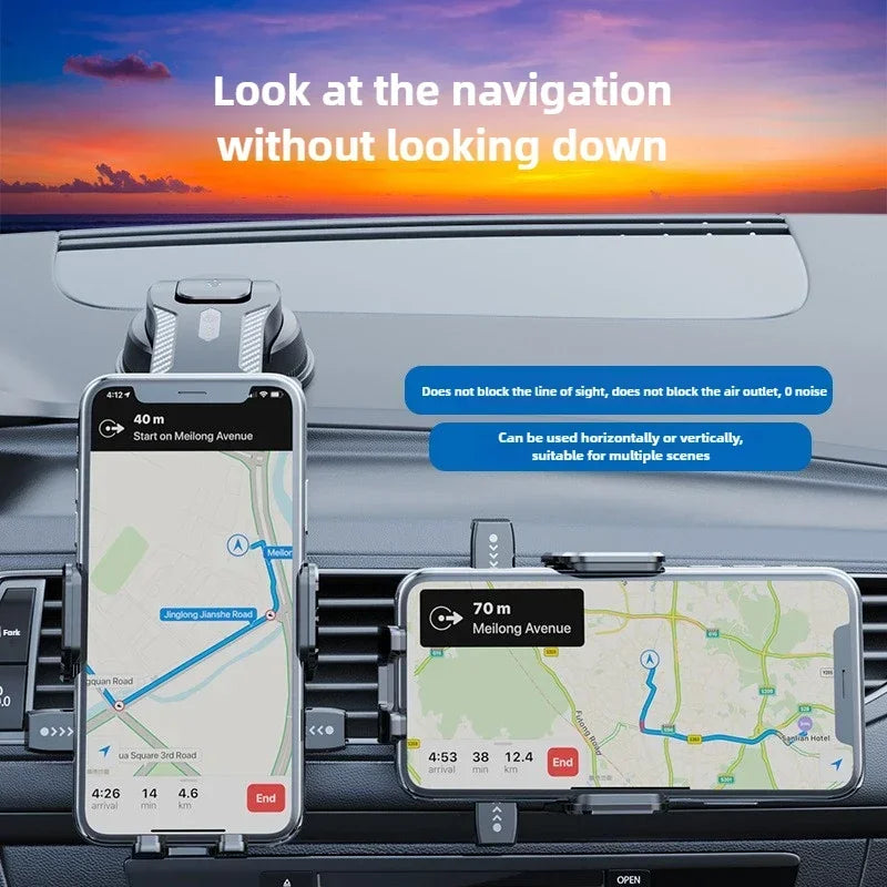 Car phone holder with two smartphones displaying navigation apps against a sunset sky.