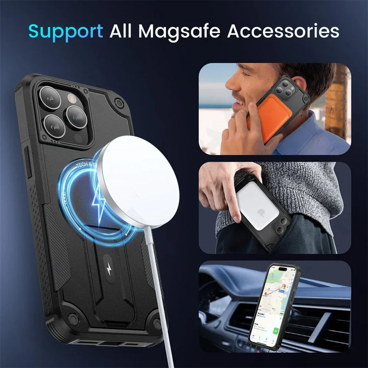 Heavy Duty MagSafe Case with Kickstand for iPhone 16, 15, 14, 13, 12, 11 Pro Max – Shockproof Dual Layer Magnetic Ring Holder Cover