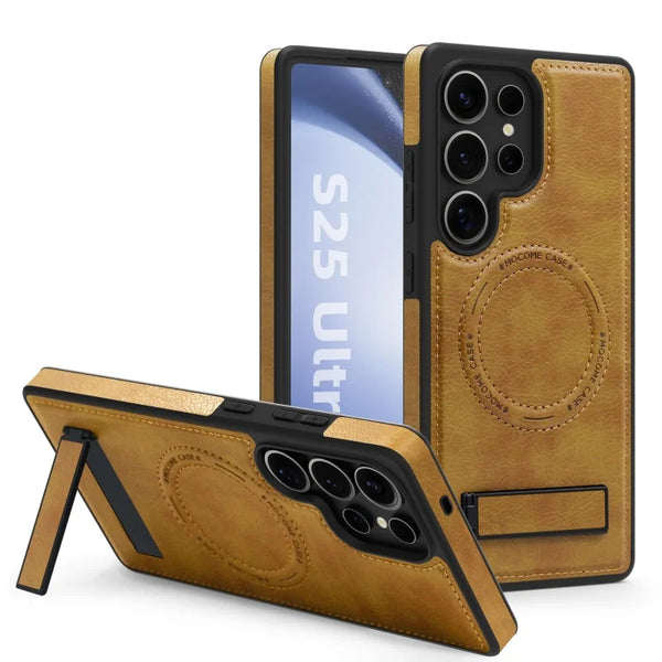 Luxury leather stand case for Samsung Galaxy S23, S24, S25 Ultra, offering premium protection and style.