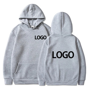 Gray hoodie with 'LOGO' printed on the front and back against a white background