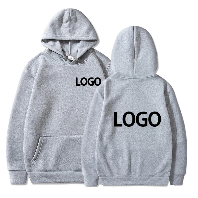 Gray hoodie with 'LOGO' printed on the front and back against a white background
