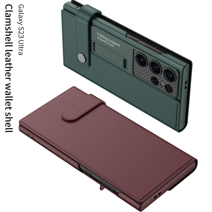 Leather Flip Wallet Phone Case with Card Holder and Kickstand for Samsung Galaxy S25 Ultra in Carbon Fibre Design