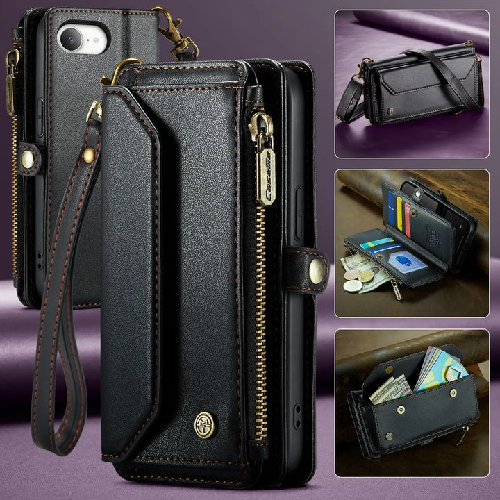 Leather Wallet Phone Case for iPhone 16 Pro Max – Zipper Card Holder with Detachable Magnetic Flip Cover and Strap