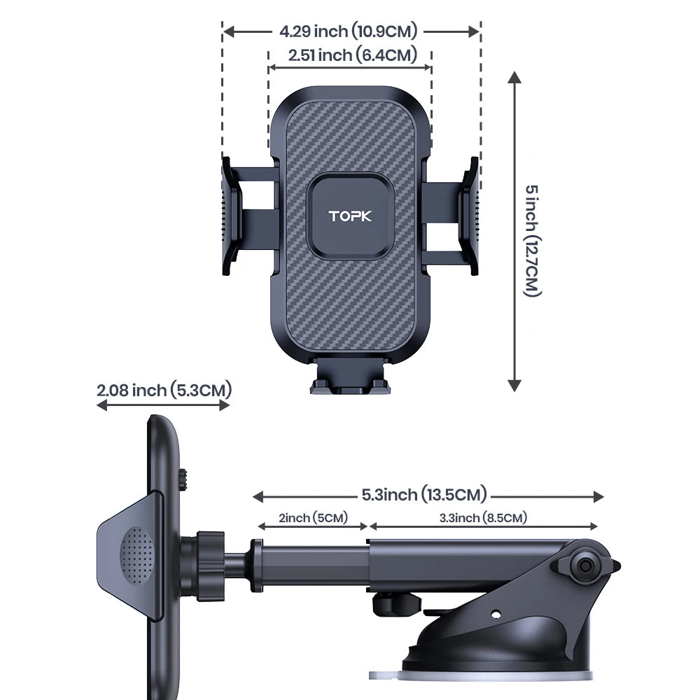 TopK car phone holder with dimensions on a white background
