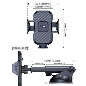 TopK car phone holder with dimensions on a white background