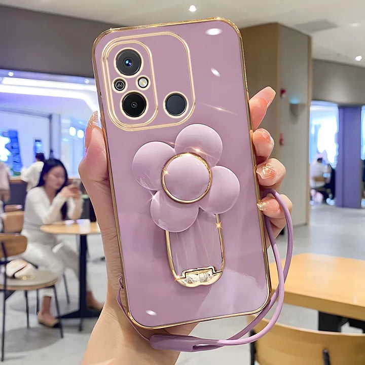 Luxury Turn Flower Stand Case for Redmi Note 13 Pro Plus, 12, 11S, and 10A with premium floral design and stand functionality