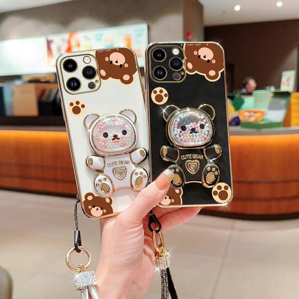 Diamond Wrist Strap Bear Case for iPhone 11 12 13 14 15 16 Stand Cover