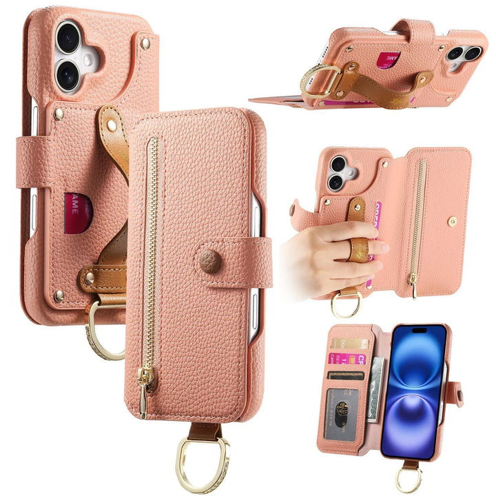 Litchi pattern flip leather phone case with a wrist strap, card holder, and wallet design for iPhone 16, 15, and 14 Pro Max.