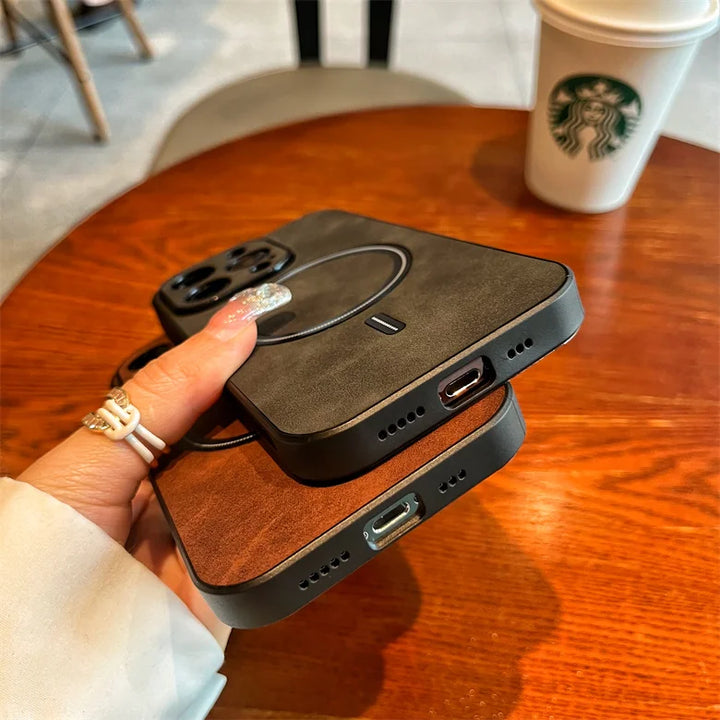 Luxury Matte Leather MagSafe Case for iPhone 16 Pro Max, Shockproof & Wireless Charging Compatible