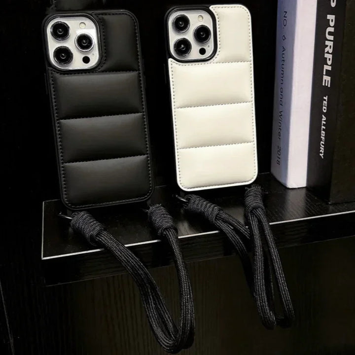 Soft Puffer Jacket Style Silicone Case with Lanyard for iPhone 15 Pro Max – Anti-Fingerprint & Full Protection