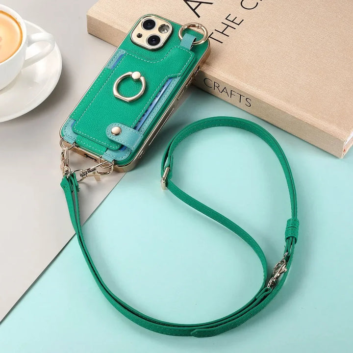 iPhone 15/14 Plus/13/12/11 Pro Max Plating Phone Case with Wrist Strap and Long Lanyard, Short Hand Rope PU Leather Cover