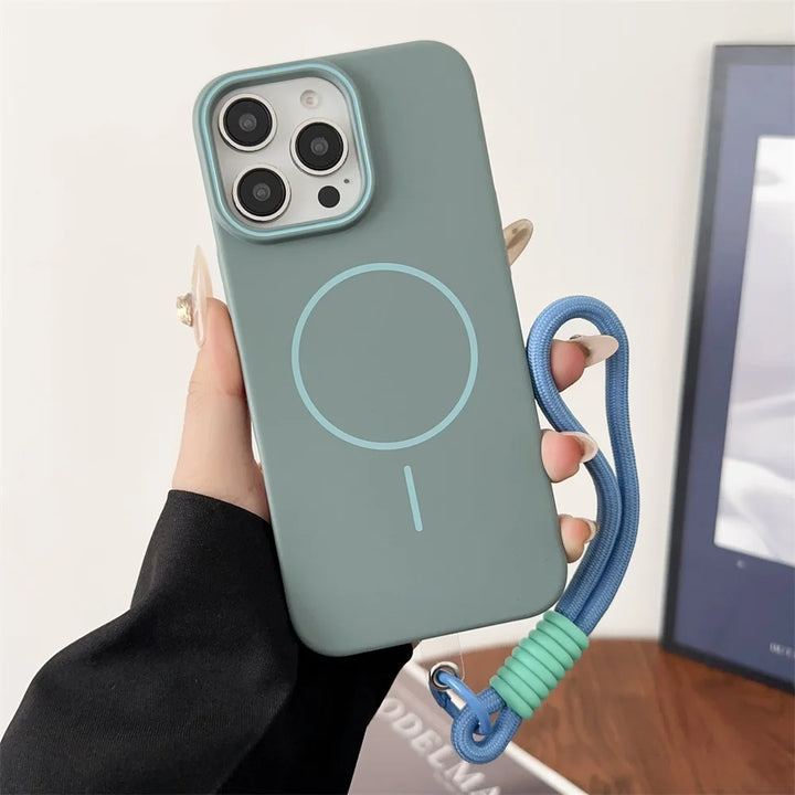 Candy Color Liquid Silicone MagSafe iPhone Case with Lanyard – Shockproof Magnetic Strap Cover for iPhone 11–16 Pro Max