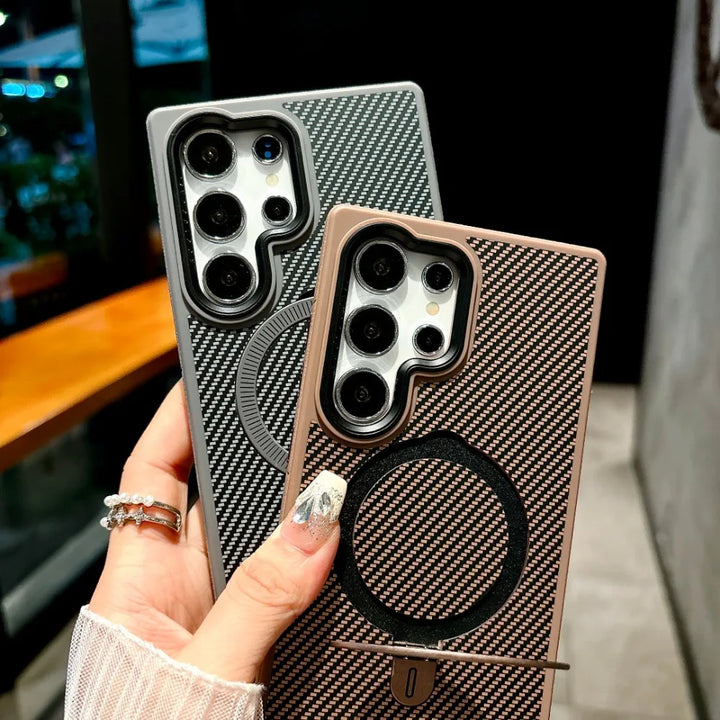 Carbon Fiber Leather Magnetic Case for Samsung S24 Ultra, Ring Holder