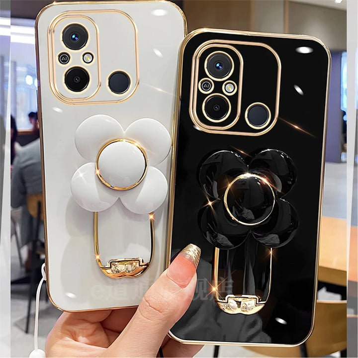 Luxury Turn Flower Stand Case for Redmi Note 13 Pro Plus, 12, 11S, and 10A with premium floral design and stand functionality