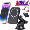 Wireless charger with phone, car mount, and gift on a white background