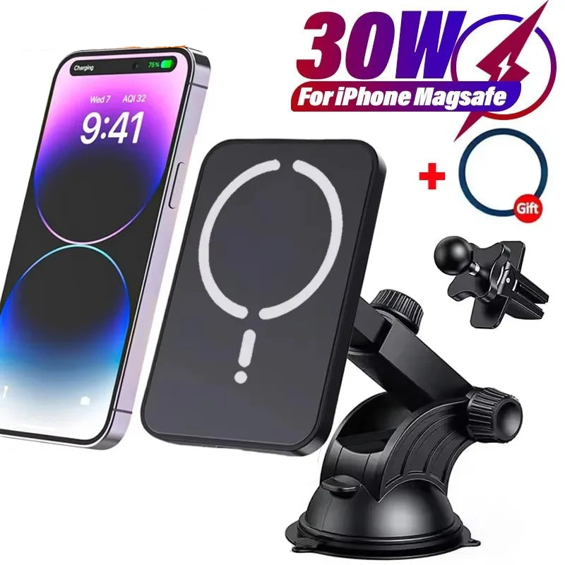 Wireless charger with phone, car mount, and gift on a white background