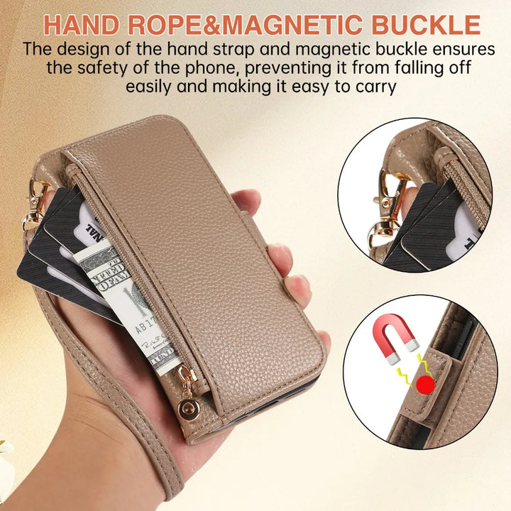 Crossbody Zipper Wallet Case with Card Holder for iPhone 16/15/14/13/12/11 Pro Max, Leather Cover