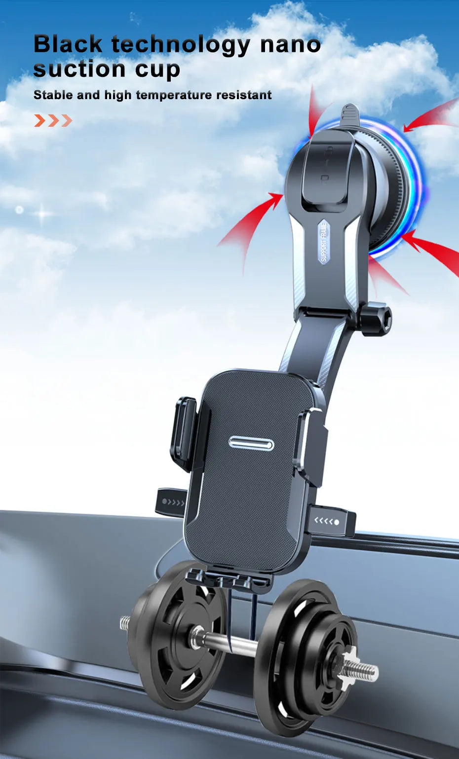 Phone holder with black technology nano suction cup on a car window background