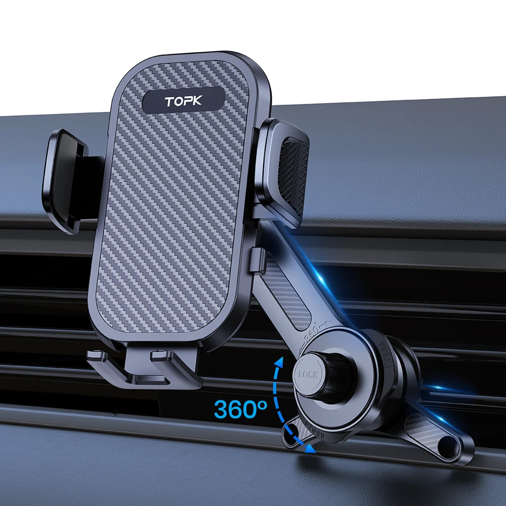 Car phone holder with 360-degree rotation on a car vent, featuring TOPK branding.