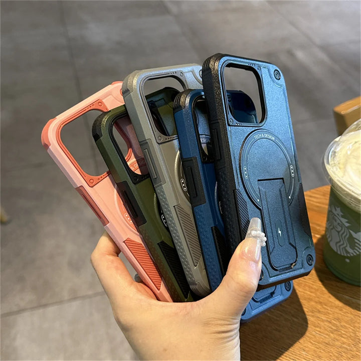 Rugged Military-Grade MagSafe iPhone Case with Kickstand – Shockproof Magnetic Bumper Cover for iPhone 11 to 16 Pro Max