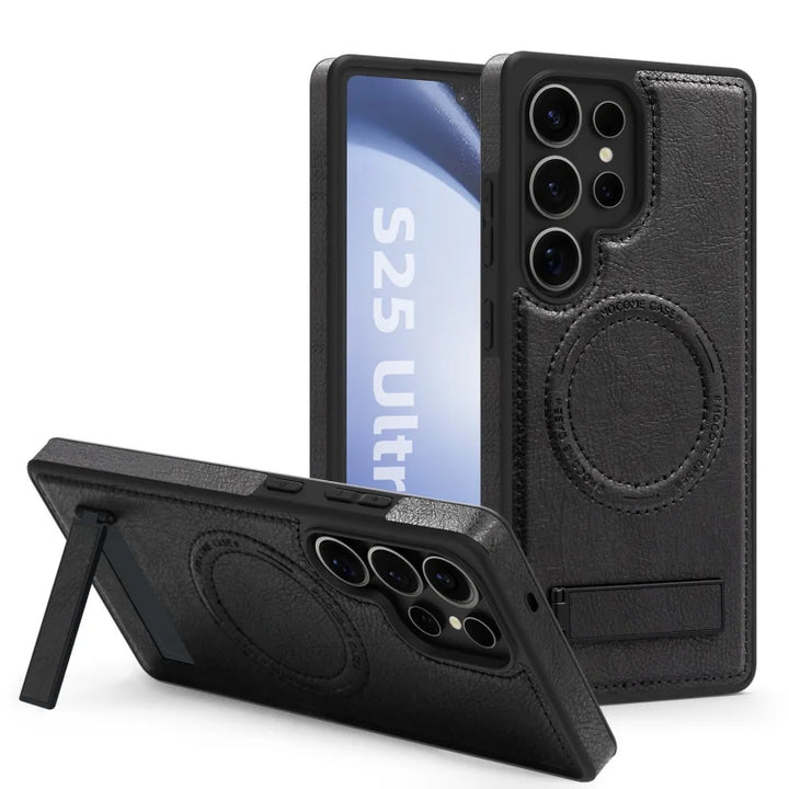 Luxury leather stand case for Samsung Galaxy S23, S24, S25 Ultra, offering premium protection and style.