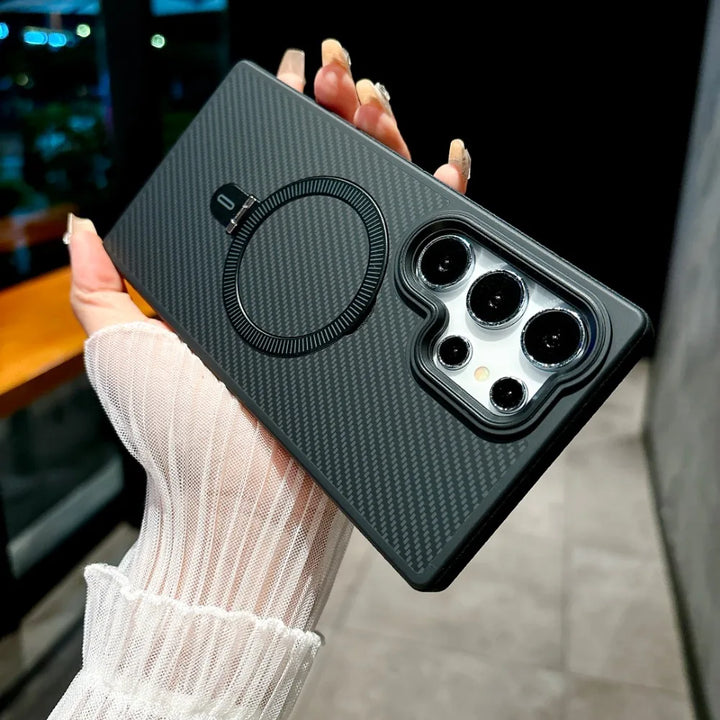 Carbon Fiber Leather Magnetic Case for Samsung S24 Ultra, Ring Holder