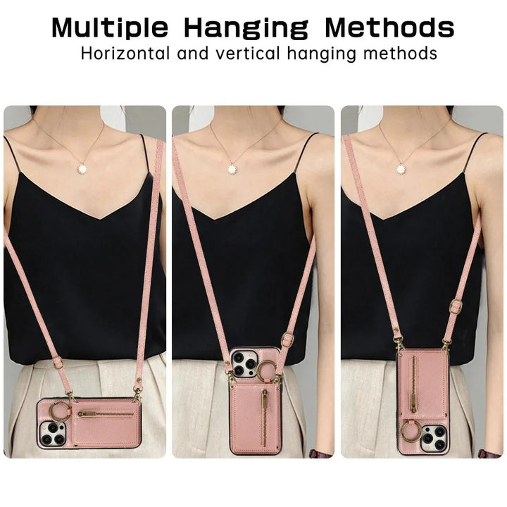 Crossbody Leather Wallet Phone Case with Zipper and Card Holder for iPhone 16/15/14/13/12/11 Pro Max
