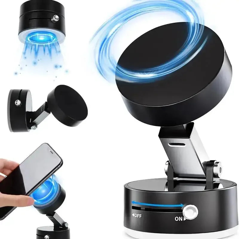 Black phone stand with blue light effects on a white background