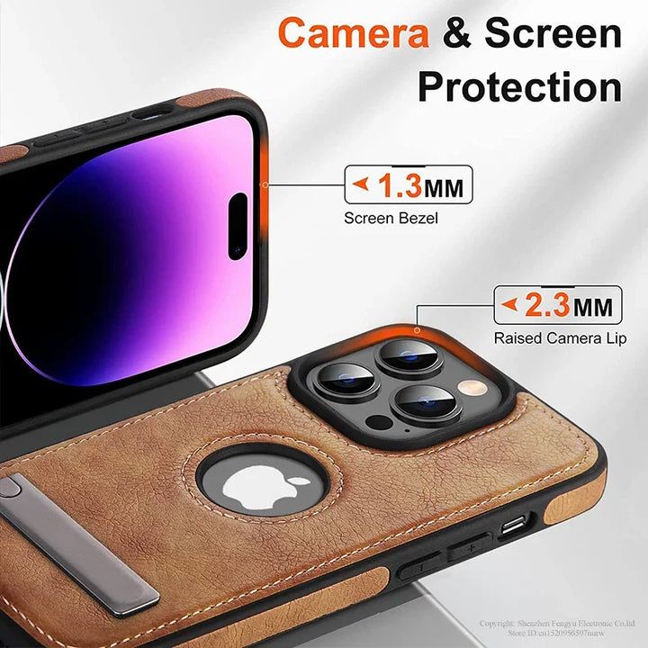 Leather Kickstand Case for iPhone 11/12/13/14/15 Pro Max Plus