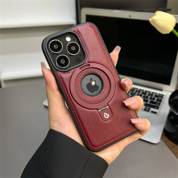 Luxury PU Leather iPhone 16 to iPhone 12 Pro Max Magnetic Case with Ring Stand and Hollow Logo – Red, Blue, Brown, Black