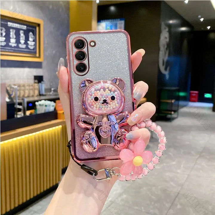 Flower Strap Bear Phone Holder Case for Samsung S23 S24 S21 S22 S20 Ultra Note 10 20
