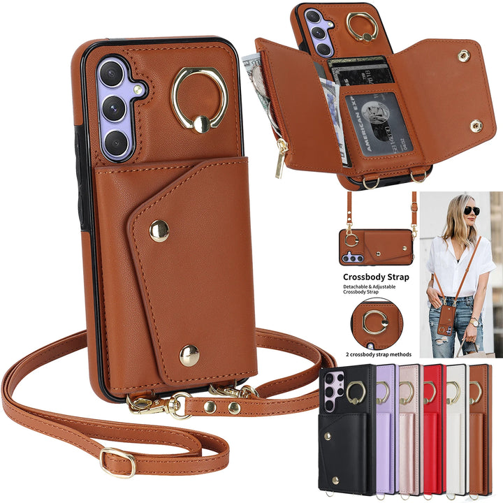 Crossbody Zipper Wallet Case with Card Holder for Samsung S23 Ultra/S22 Plus/S21 FE/A54/A53, Leather Cover
