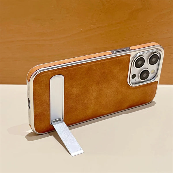Luxury Plating Leather Metal Holder Case for iPhone 11/12/13/14/15 Pro Max Plus with Shockproof and Stylish Design