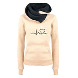 Beige hoodie with black heart and line design on a white background