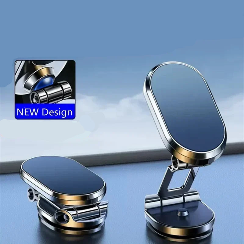 Metal phone holder with magnet and rotating ball on a blue background