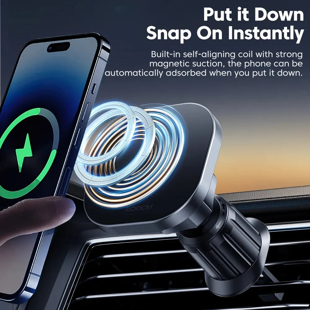 Phone holder with magnetic suction feature in a car, showing text about its functionality.
